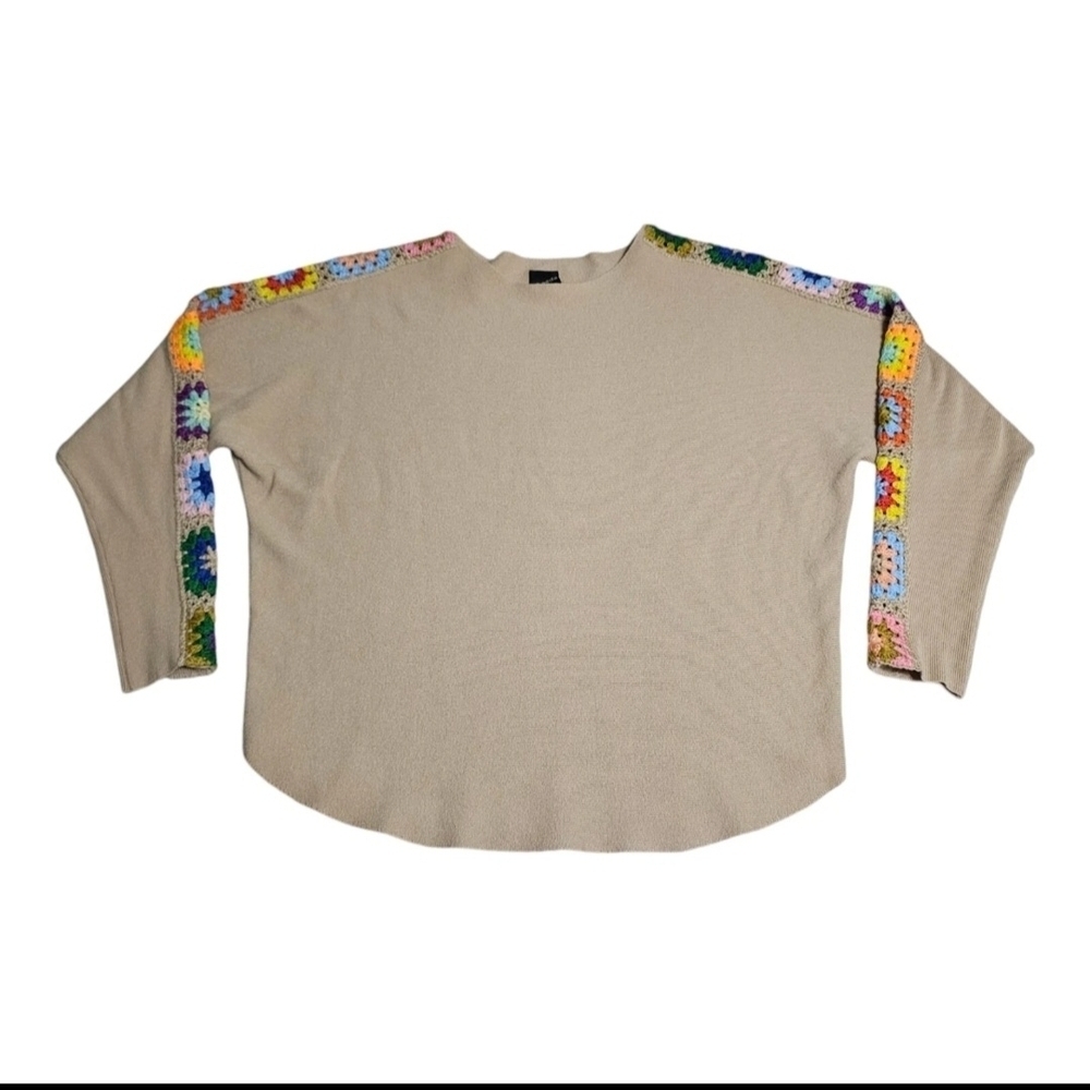 Aaeda Granny Square Crochet Sleeve Dolman Sweater Women’s M Tan & Multicolor